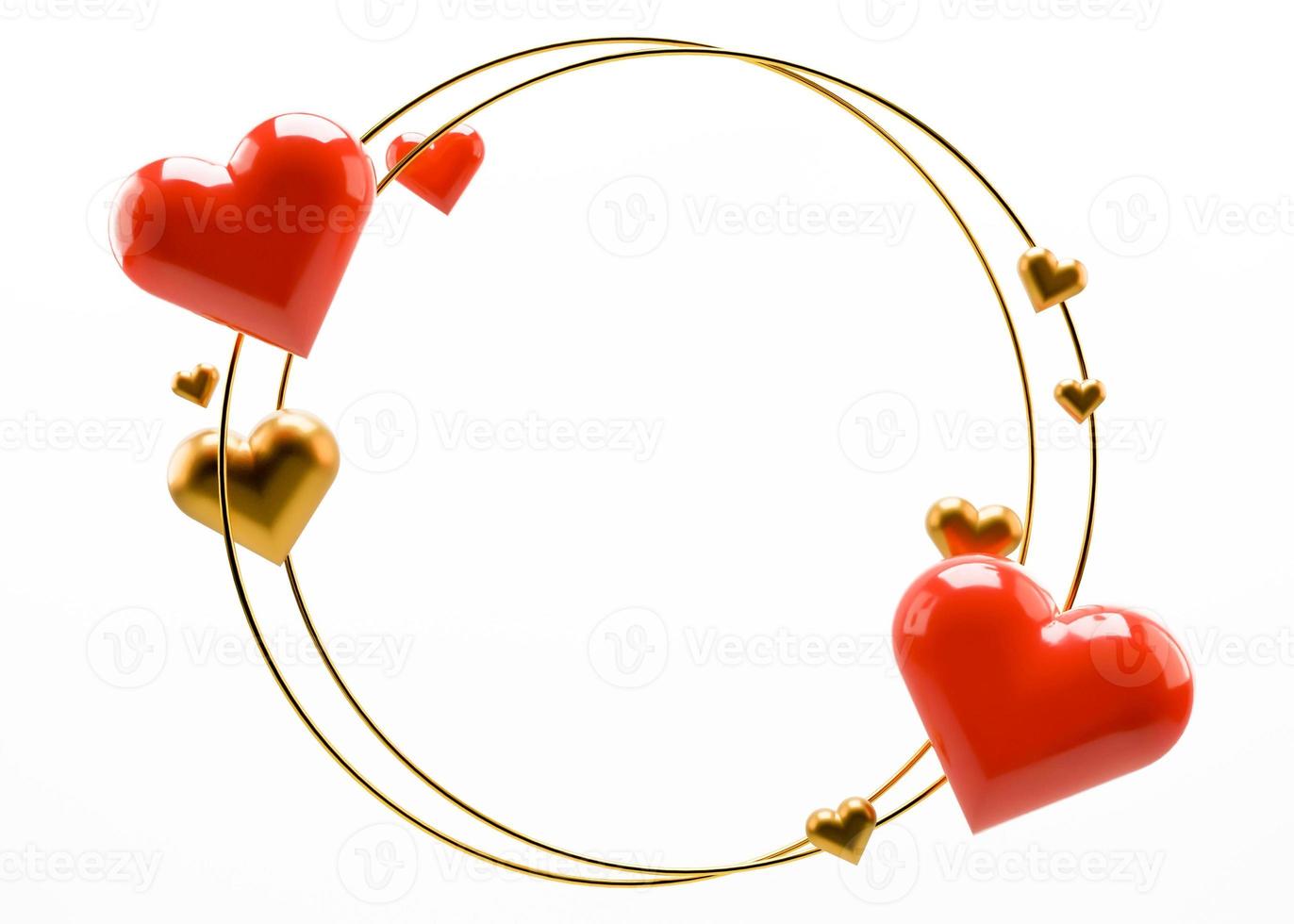 Valentine's Day background with free space for text, copy space. Postcard, greeting card design with red and golden hearts. 3D illustration. Love. photo