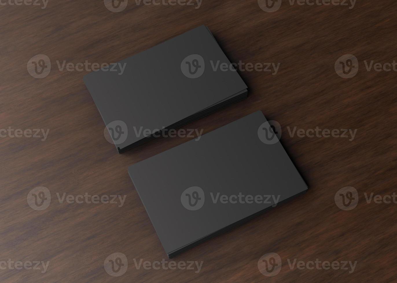 Blank black business cards on dark wooden table. Mockup for branding identity. Two stacks, to show both sides of card. Template for graphic designers. Free space, copy space. 3D rendering. photo