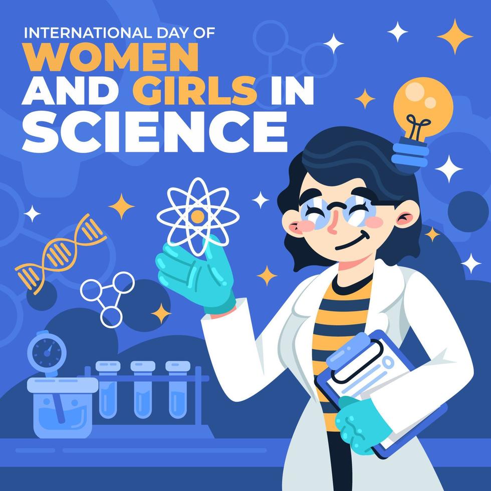 átomo en el día internacional de la ciencia de las mujeres y las niñas vector