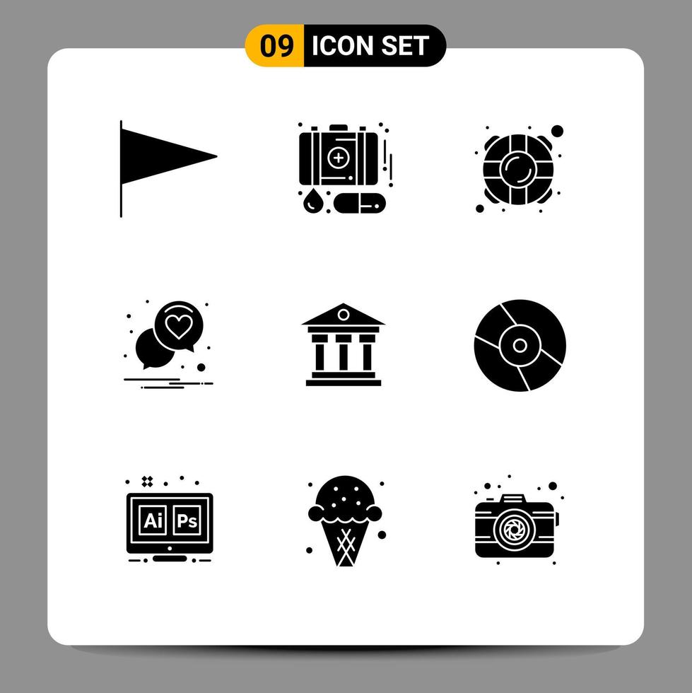 9 Universal Solid Glyph Signs Symbols of money bank life romance heart Editable Vector Design Elements