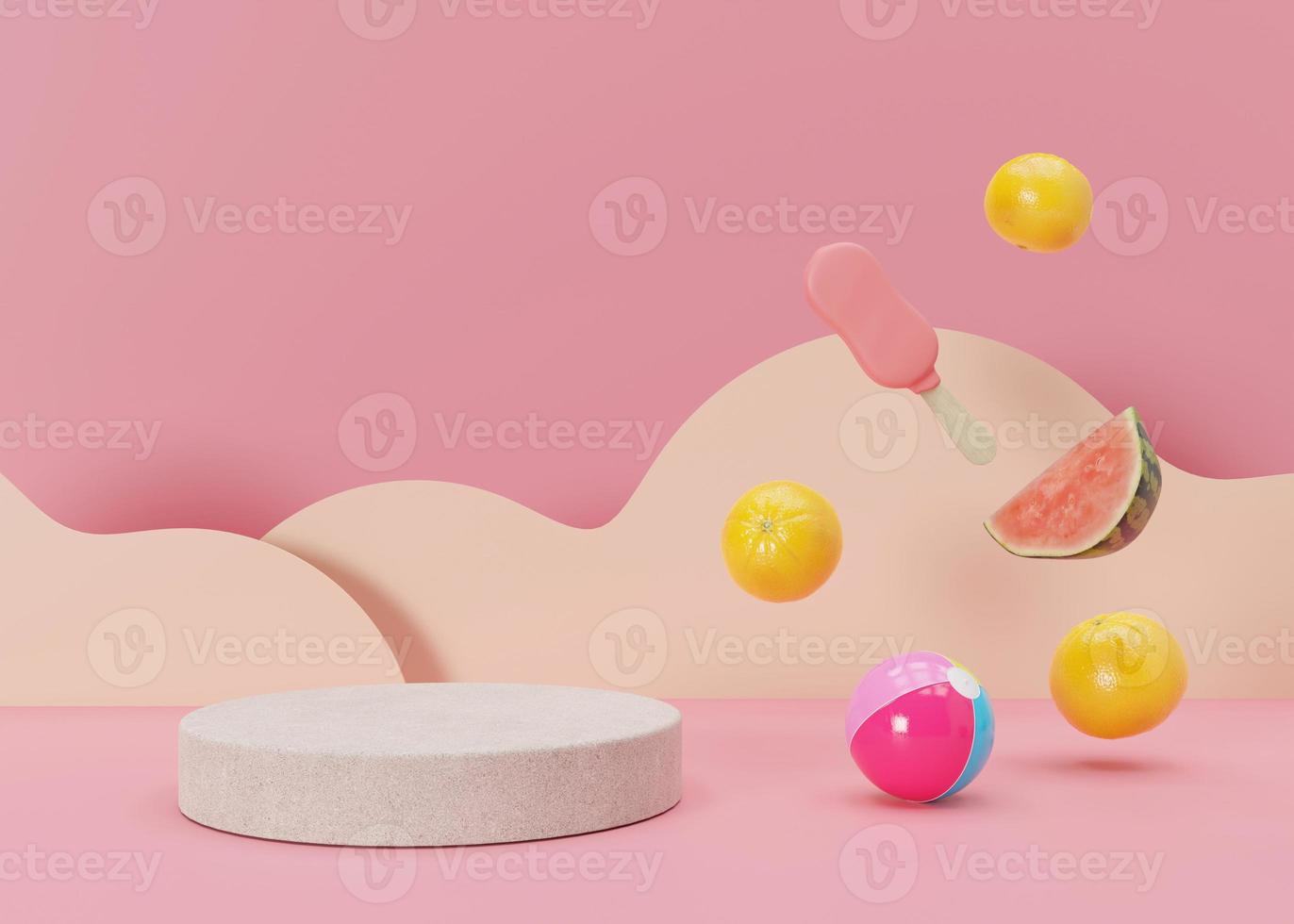 Podium mock up for product, cosmetic presentation. Summer, vacation mood. Orange, watermelon, ice cream on pink background. Pedestal, platform, stage. Empty scene with copy space. 3D rendering. photo