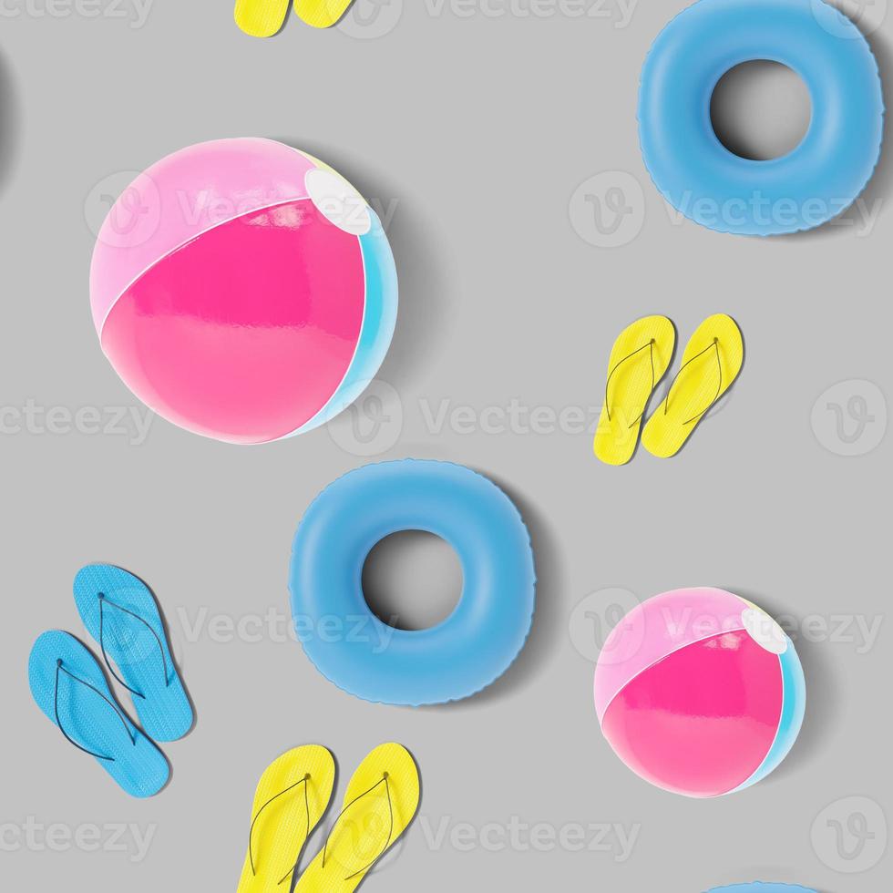 Seamless pattern with beach accessories on grey background. Colorful summer background, texture. Top view. Eye-catching design. 3d rendering. photo