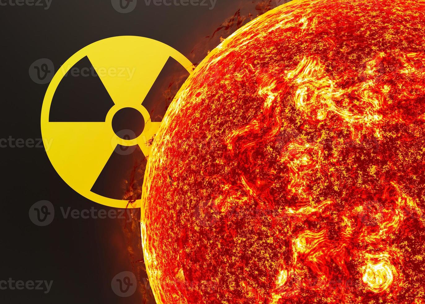 Nuclear energy radioactive round yellow symbol and nuclear explosion on black background. Ionizing atomic radiation. Radioactive alert, warning, danger. Radioactivity, nuclear threat. 3d rendering. photo