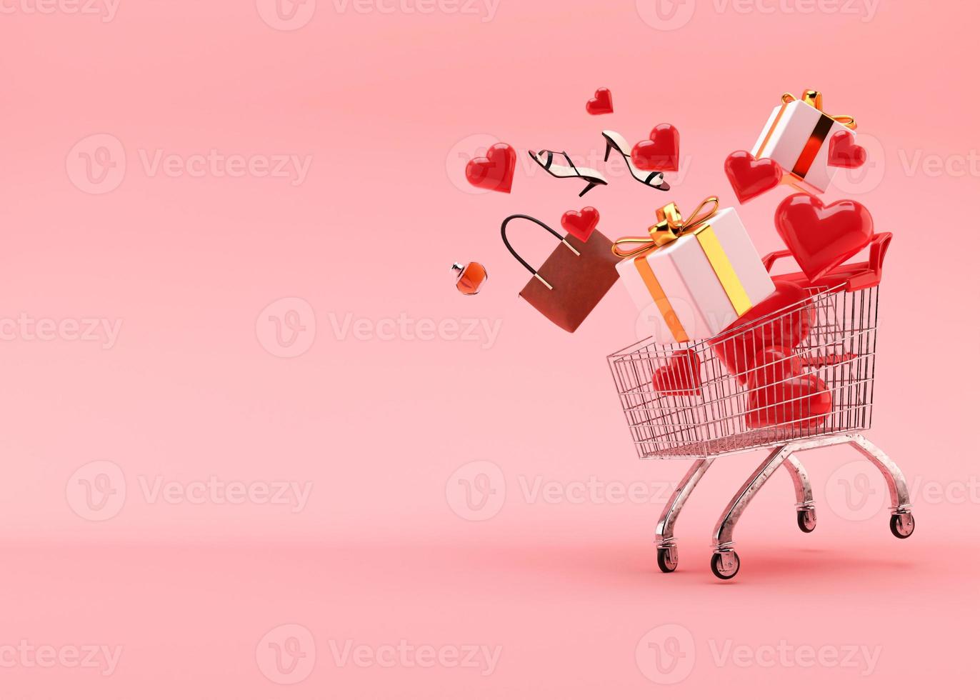 Shopping cart, trolley with gift boxes, hearts, shoes, parfume, bag on pink background with free space for text, copy space. Valentine's Day, sale. 3D illustration. photo
