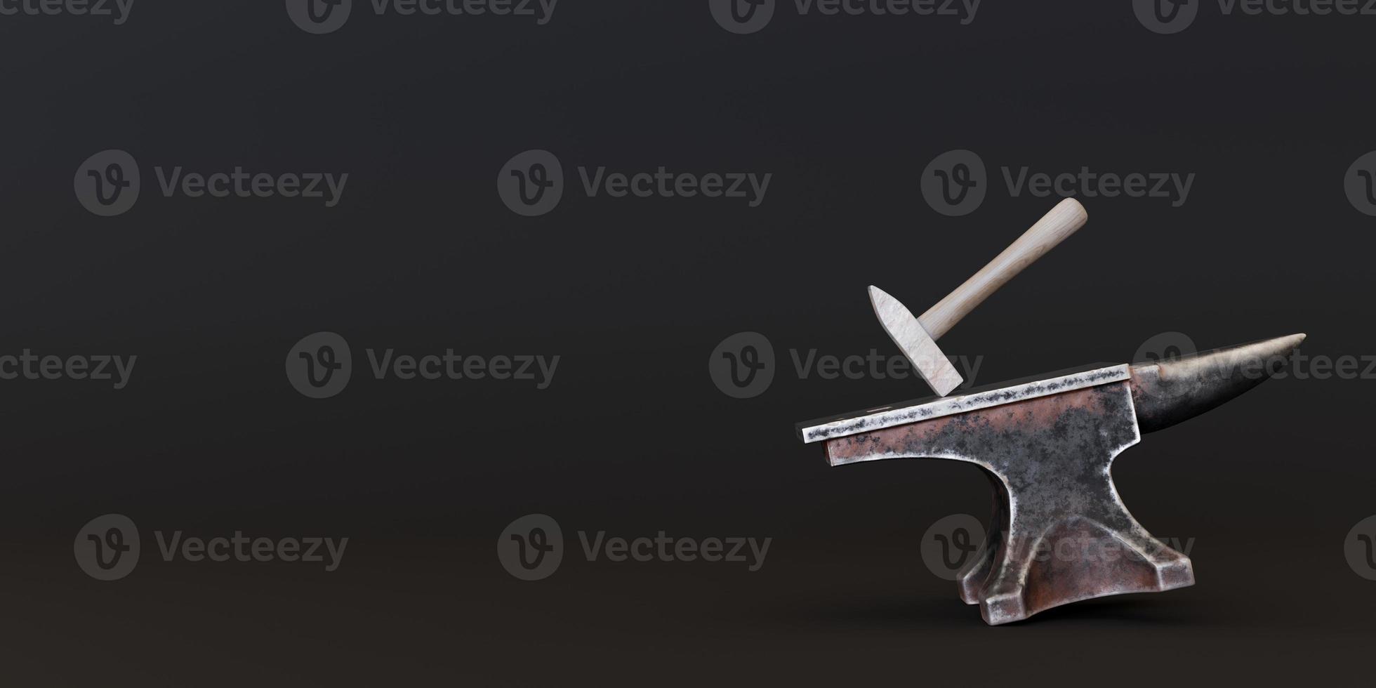 Blacksmith's hammer on metal anvil on the black background. Ambos, forge tool. Metal industry, old profession. Free, copy space for your text. Template for advertising, announcement. 3D rendering. photo
