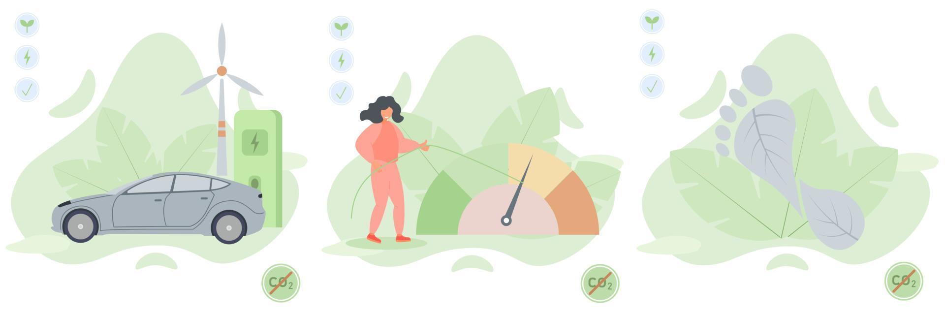 conjunto de ilustración de energía verde. efecto de la huella de carbono y problema de las emisiones de co2. coche eléctrico cerca de la estación de carga. indicador con co2. concepto de energía renovable. ilustración vectorial vector