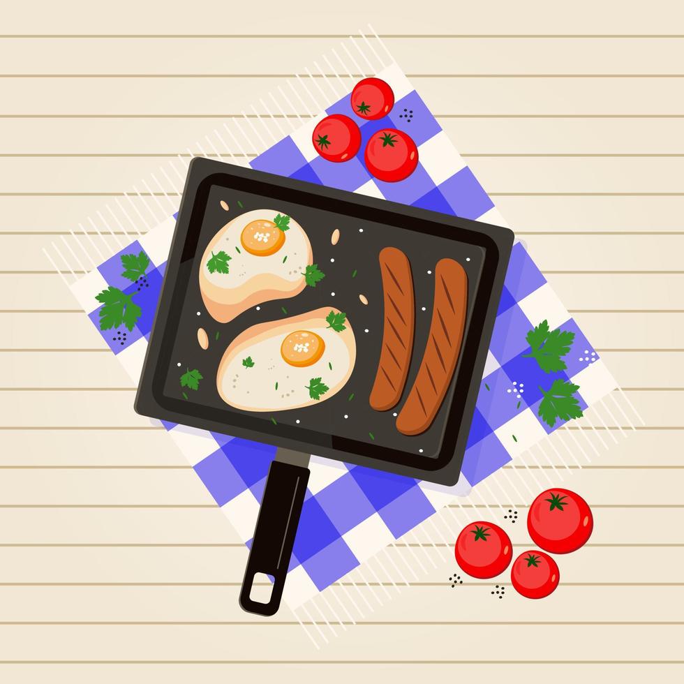 Breakfast fried eggs and sausage on pan. Vector illustration. Cooking food. Roast barbecue.