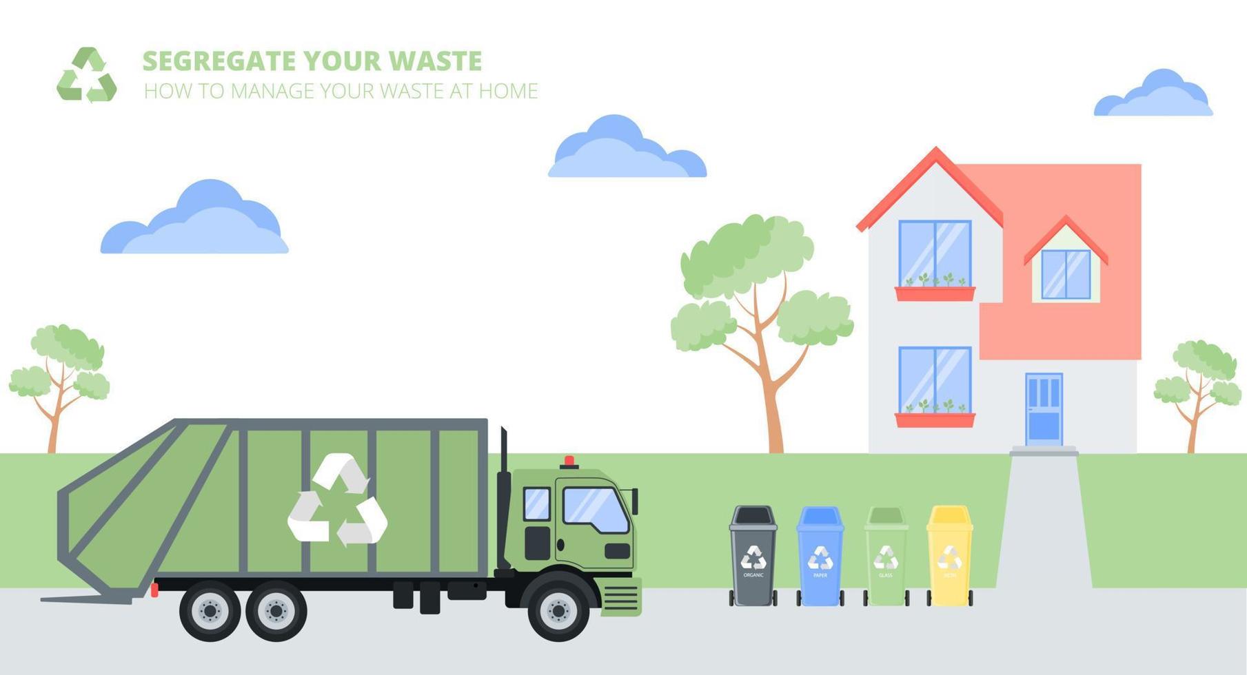 Garbage collection. Plastic bins, truck for garbage and waste incineration plants. Waste Factory, truck, containers. Different types of trash  Organic, Plastic, Metal, Paper, Glass, E waste. V vector