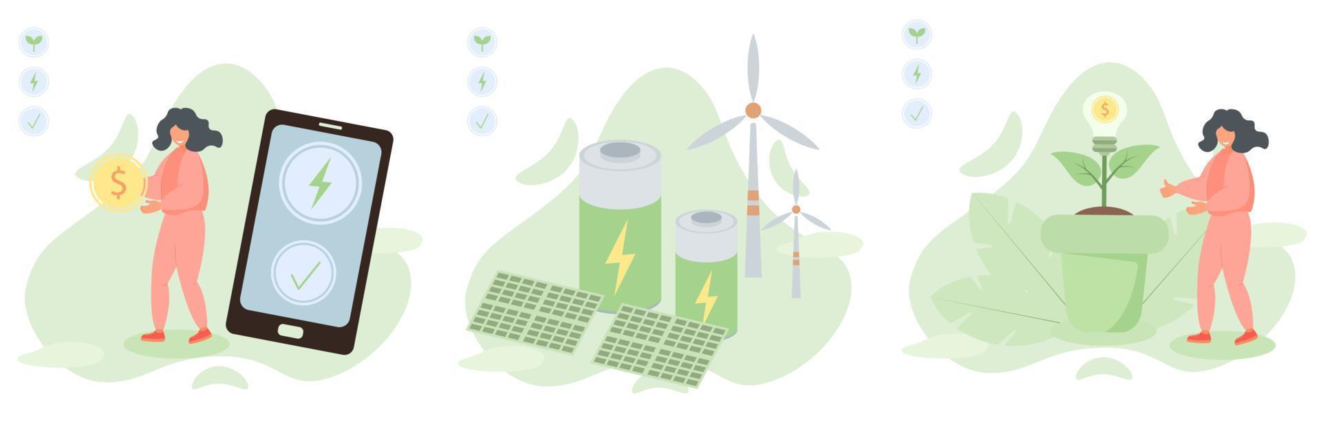 Sustainability illustration set. Sustainable battery technology, green energy and eco friendly transportation. Renewable energy concept. Vector illustration.