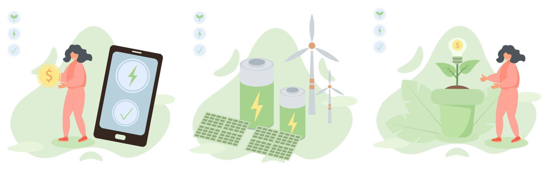 conjunto de ilustración de sostenibilidad. tecnología de batería sostenible, energía verde y transporte ecológico. concepto de energía renovable. ilustración vectorial vector