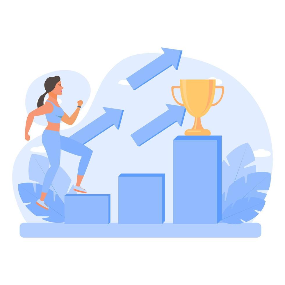 successful woman gets a gold trophy. Competition of wines. Get gifts and celebrate. Partnership and hard work, success, rewards. Flat style vector illustration.