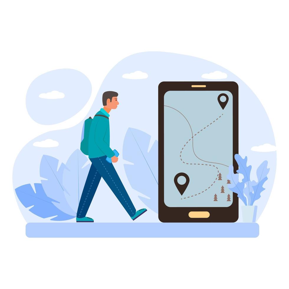 Tourism and hiking adventure concept. Vector flat people illustration. Man tourist hold smartphone in hand. Map with direction on phone screen. Design for nature park trekking journey.