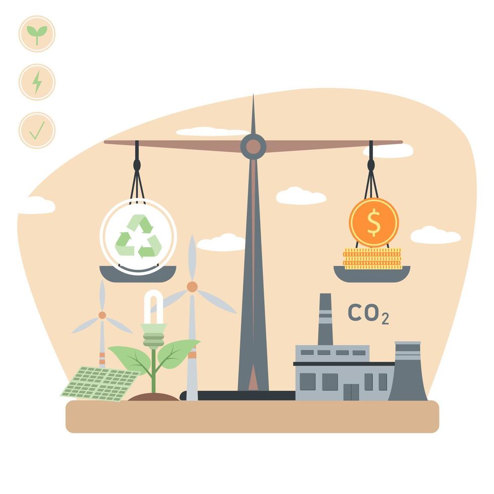 Green energy illustration concept. Carbon effect and CO2 emission problem. Indicator with CO2. Renewable energy concept. Vector illustration