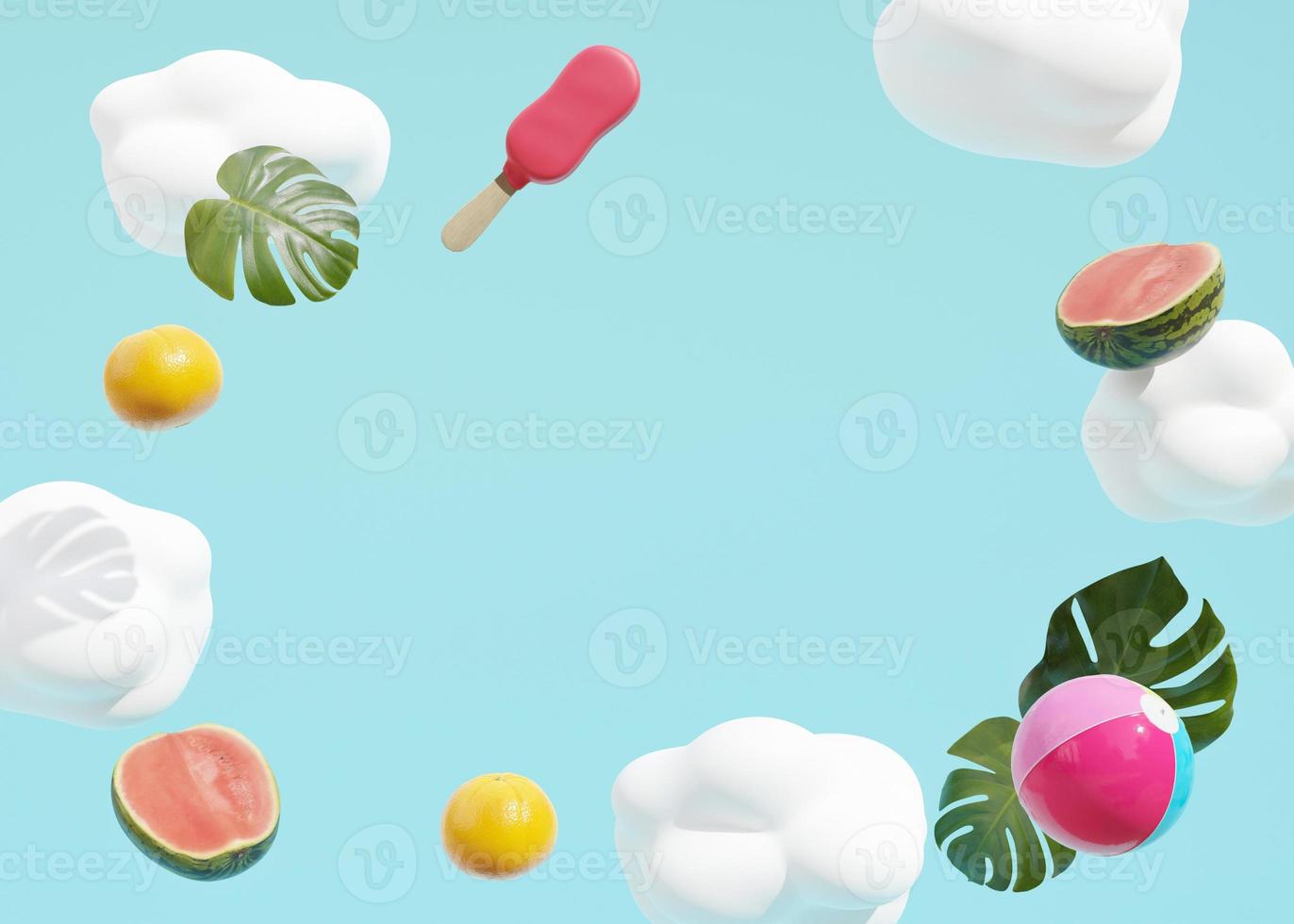 Summer, vacation background. Blue color, clouds and some summer details. Backdrop for advertising. Free, copy space for your text. Frame, modern design. Holiday, travel, relax concept. 3D rendering. photo