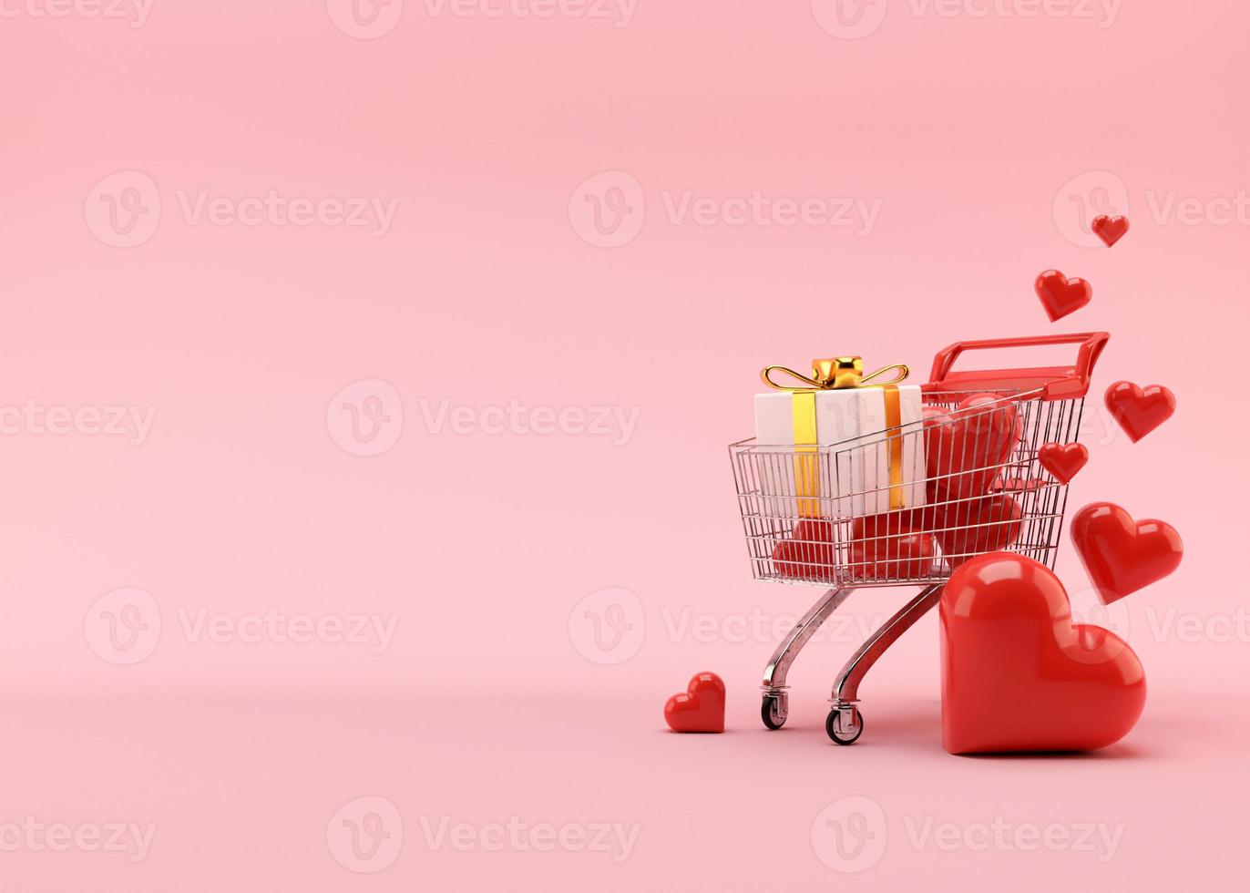 Shopping cart, trolley with gift boxes and hearts on pink background with free space for text, copy space. Valentine's Day, sale. 3D illustration. photo