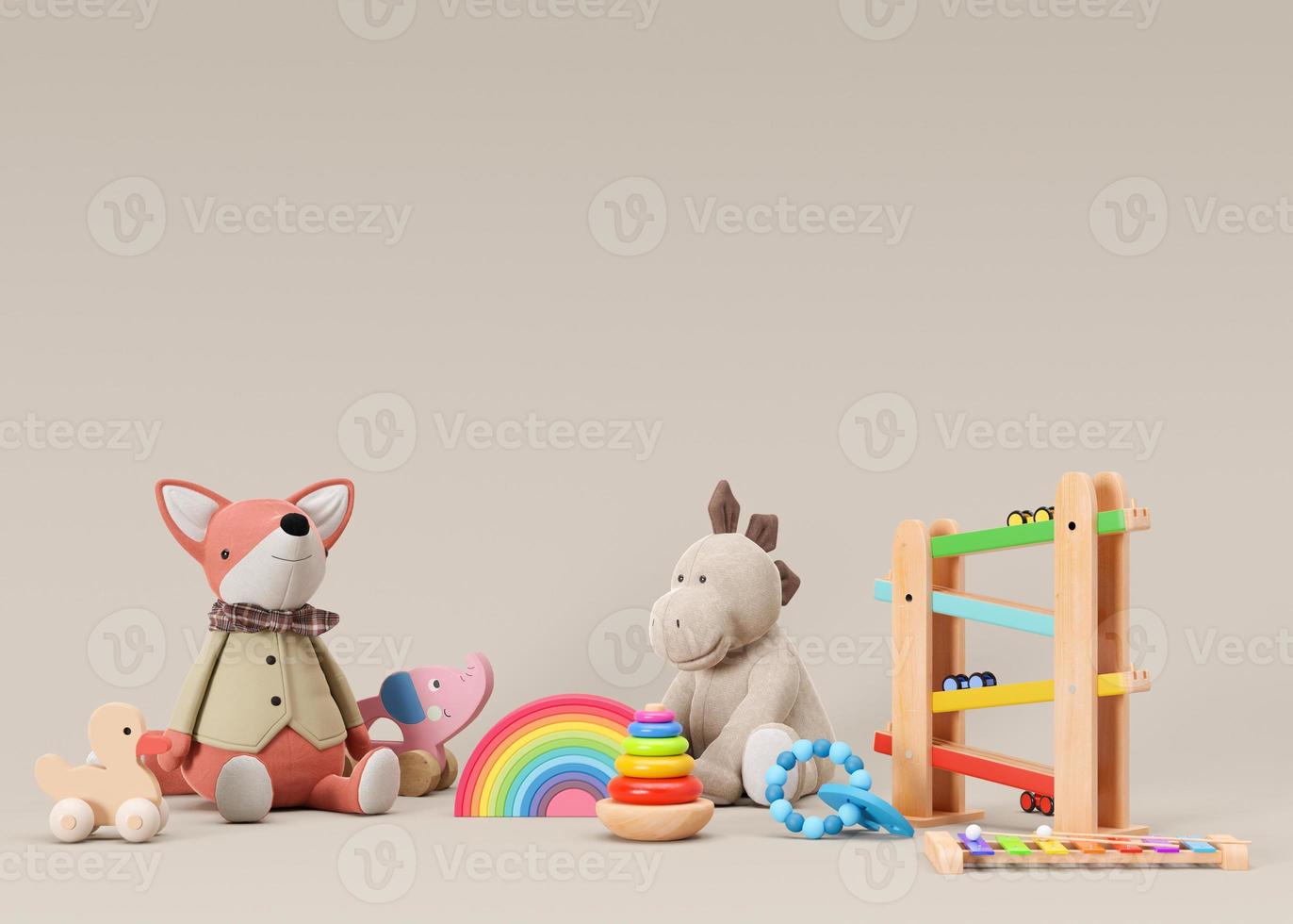 Children's toys on beige background with copy space. Multicolored wooden and plush toys for toddler or baby. Eco friendly toy, plastic free. Empty space for your text, advertising, 3d rendering. photo