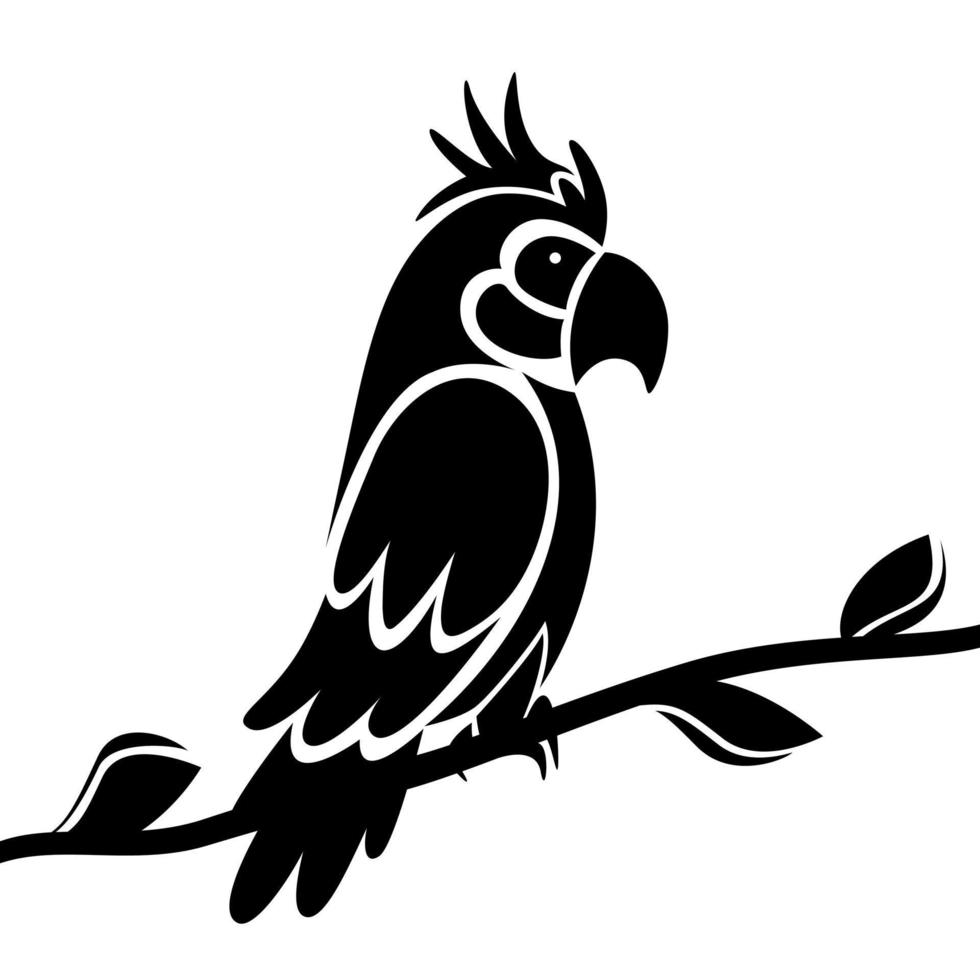 Parrot sits on a branch with leaves, black silhouette on white background. vector