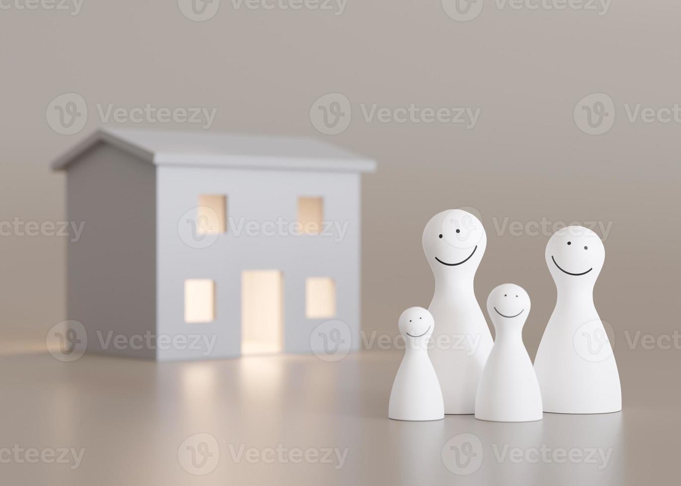 House and happy family members on beige background. Insurance, homeless support, adoption concept. Buy or build a house. New property, mortgage, real estate. Home for sale. 3d rendering. photo