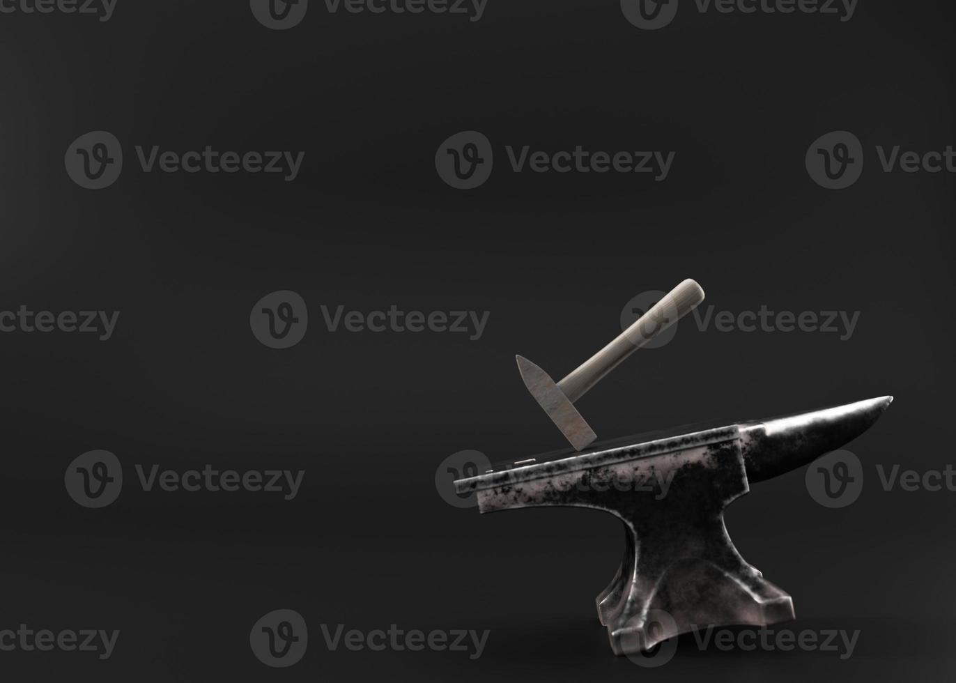 Blacksmith's hammer on metal anvil on the black background. Ambos, forge tool. Metal industry, old profession. Free, copy space for your text. Template for advertising, announcement. 3D rendering. photo