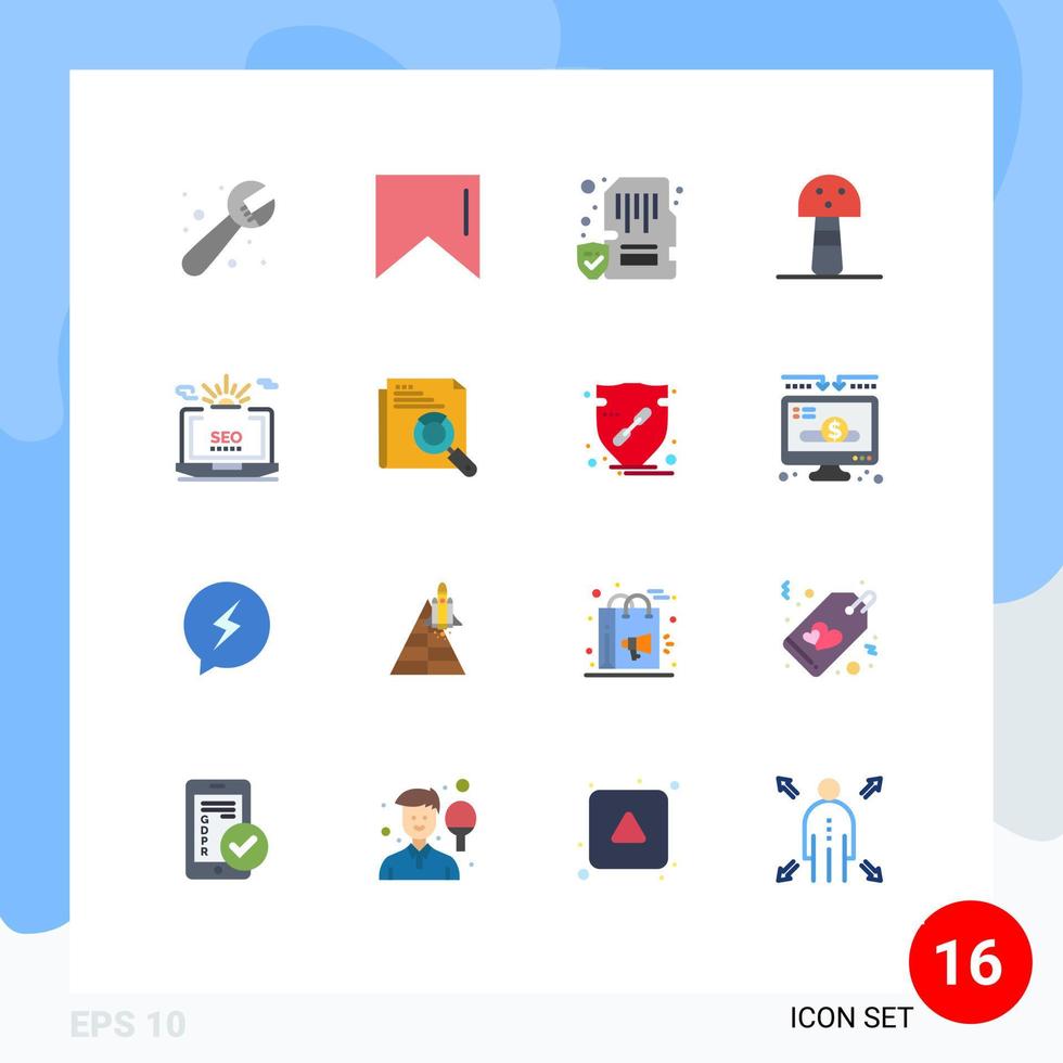 16 Universal Flat Color Signs Symbols of configuration laptop lock seo mushroom Editable Pack of Creative Vector Design Elements