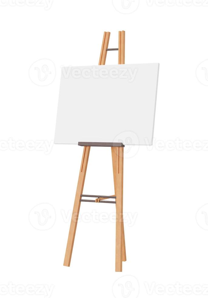 Empty horizontal canvas on wooden easel, isolated on white background. Free, copy space for your picture. Artwork presentation. Canvas mock up. Cut out object. 3D rendering. photo