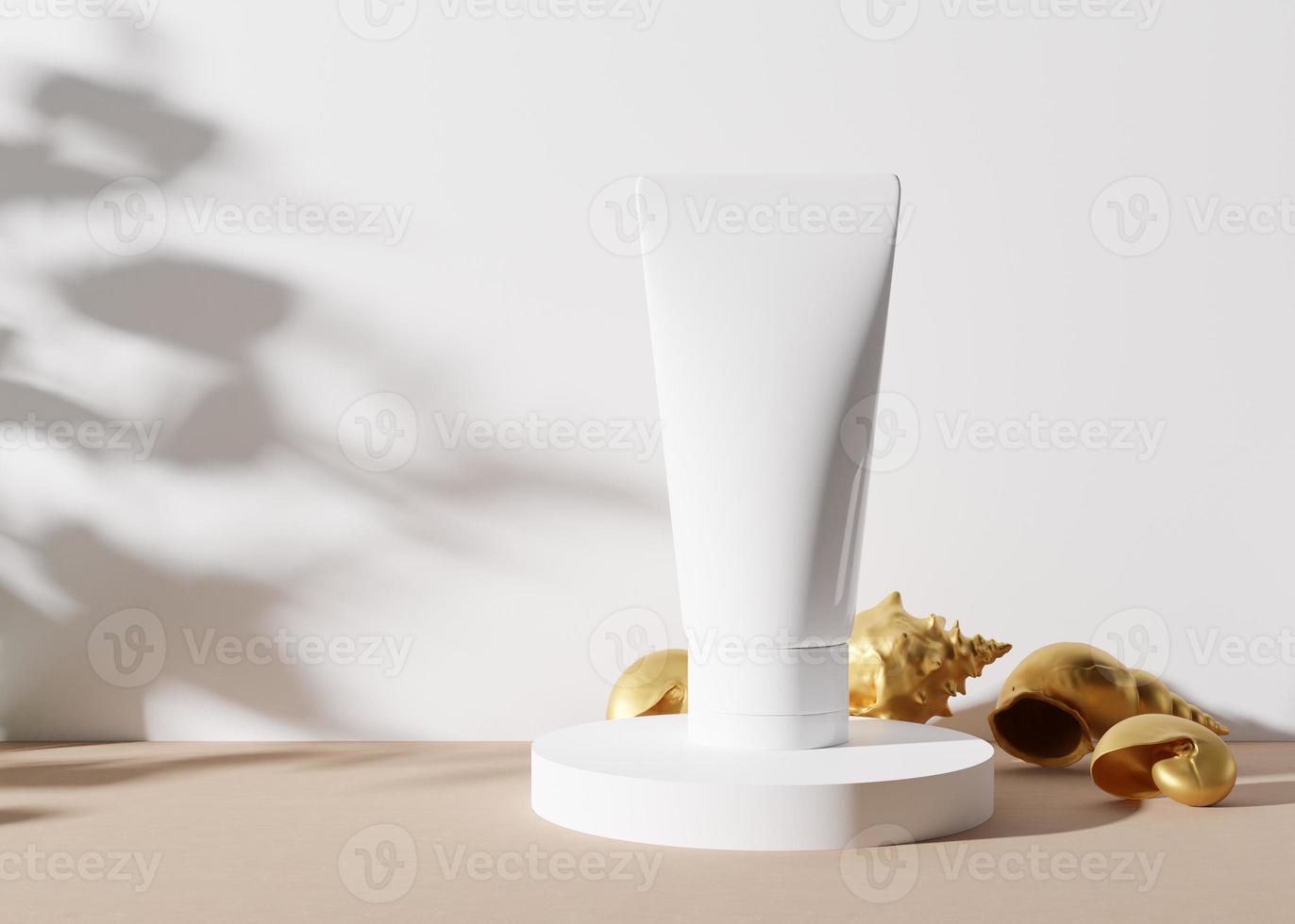 White and blank, unbranded cosmetic cream tube standing on white podium with golden sea shells. Skin care product presentation on white background. Luxury mockup. Tube with copy space. 3D rendering. photo