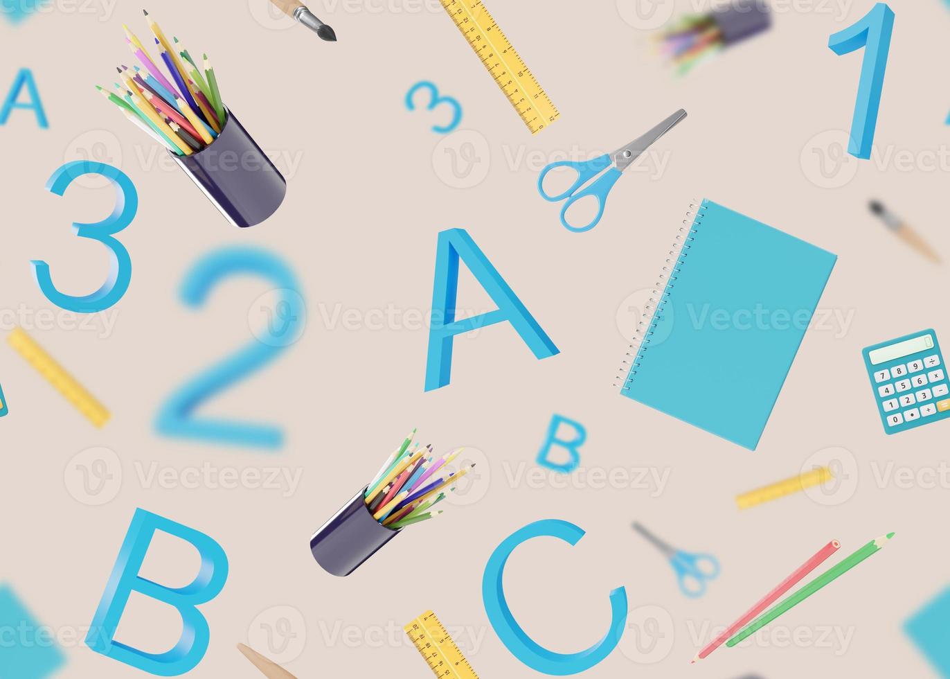 Seamless pattern with school stationery items on cream background. Colorful background with school supplies, texture. Eye-catching design. Pen, pencils, scissors, notebook, ruler. 3D rendering. photo