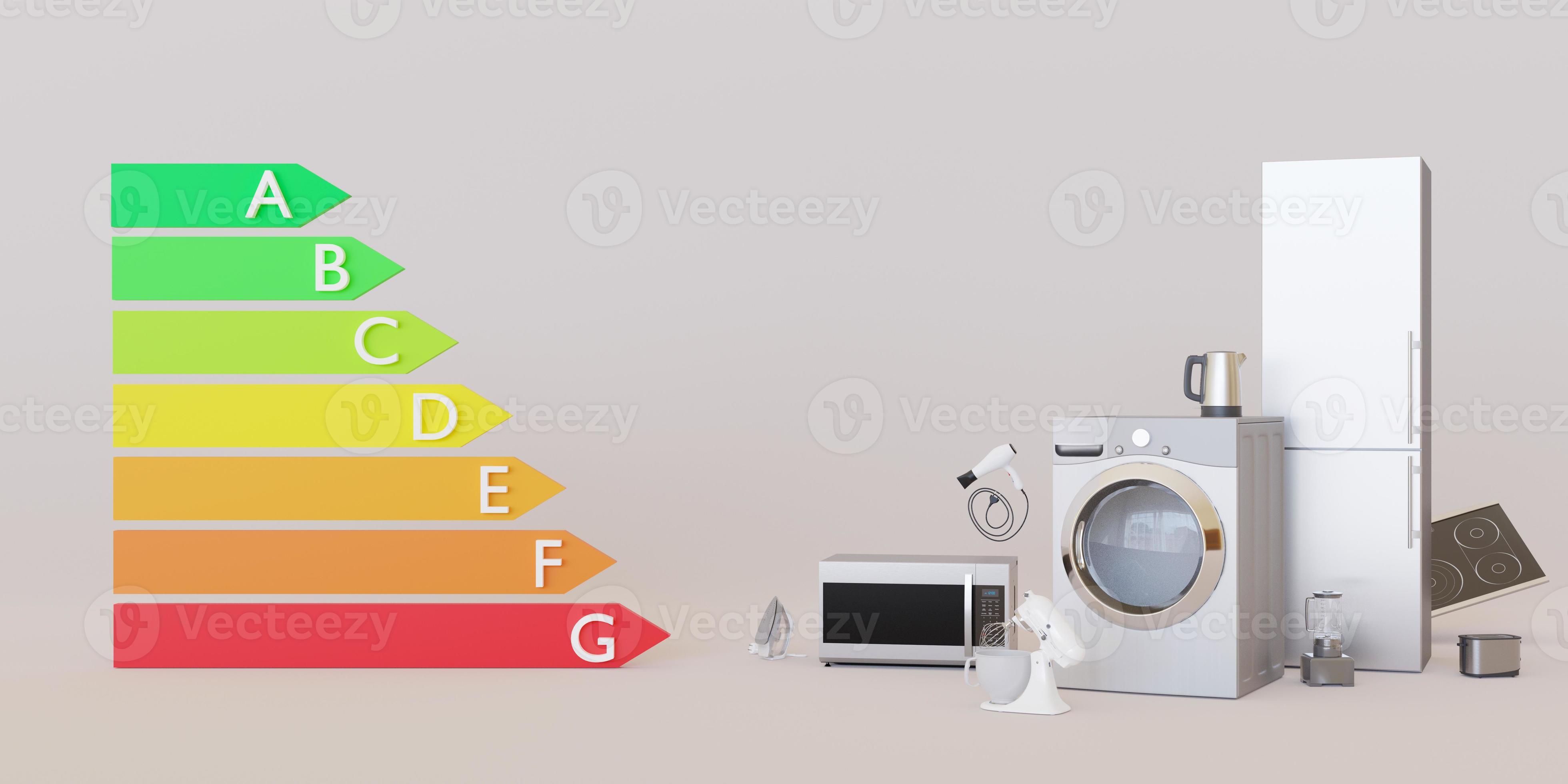 Different household appliances and energy efficiency rating chart on grey background. Electronic