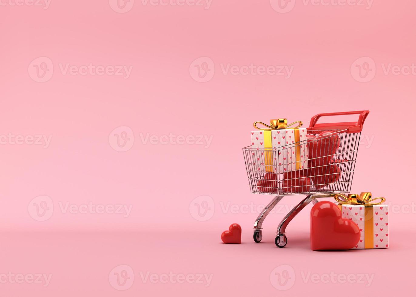 Shopping cart, trolley with gift boxes and hearts on pink background with free space for text, copy space. Valentine's Day, sale. 3D illustration. photo