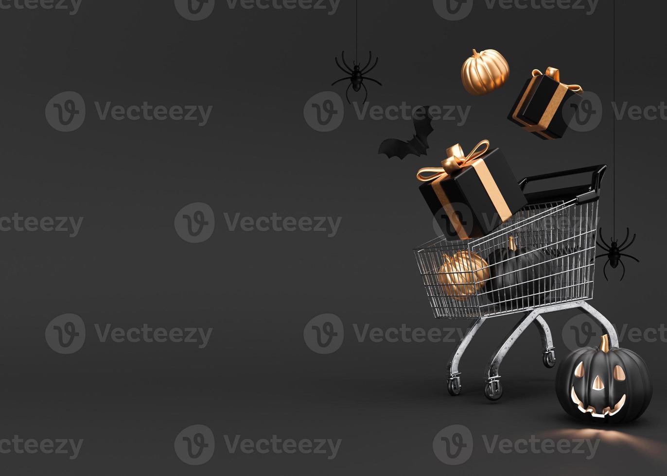 Shopping cart, trolley with gift boxes and Halloween decoration on black background. Free space for text. Halloween shopping, sale. Banner, template, mock up with copy space. 3D rendering. photo