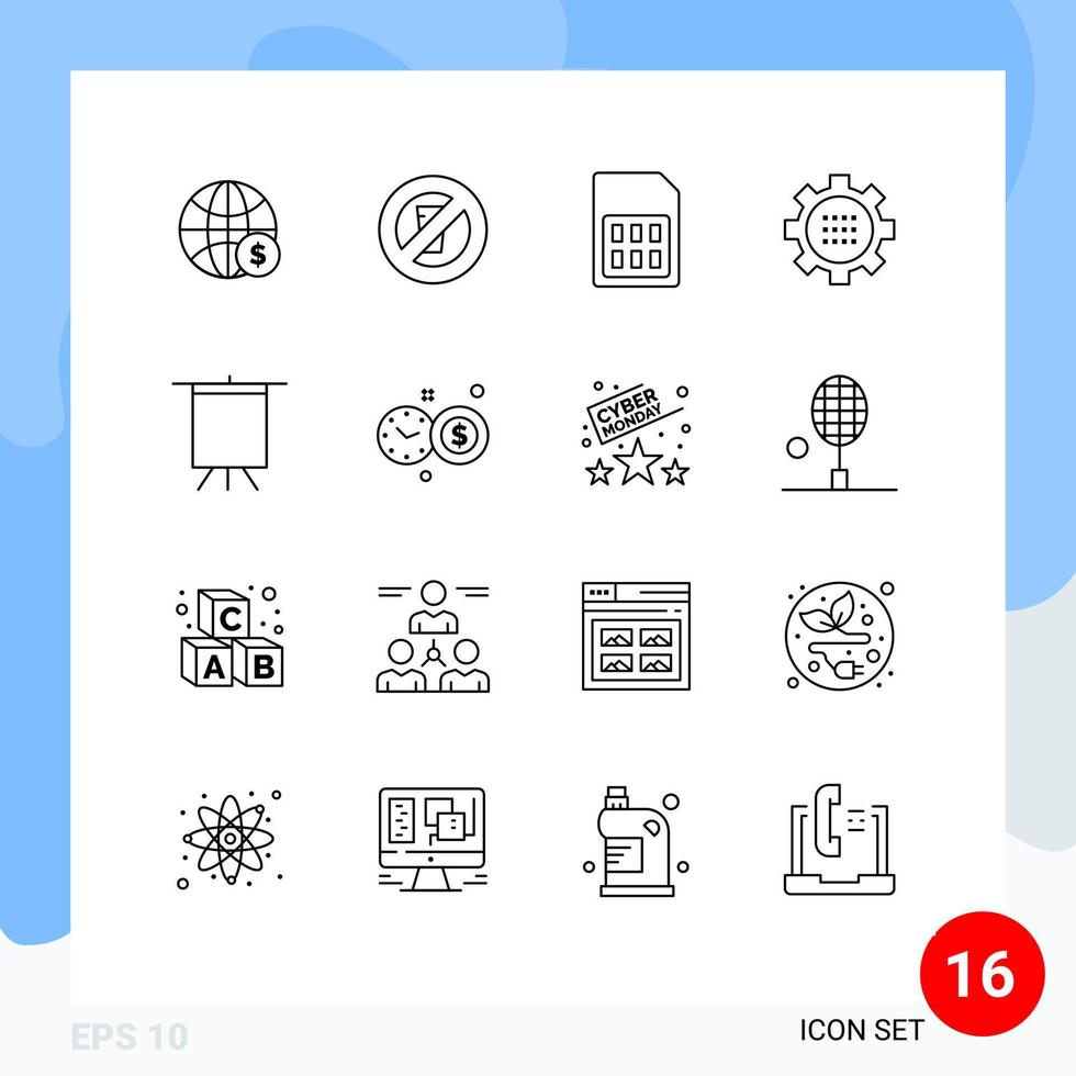 Universal Icon Symbols Group of 16 Modern Outlines of options configuration ramadan cog sim Editable Vector Design Elements