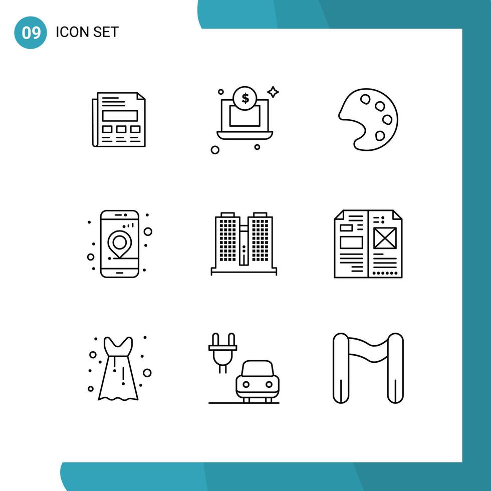 Pack of 9 Modern Outlines Signs and Symbols for Web Print Media such as work office palette building location Editable Vector Design Elements