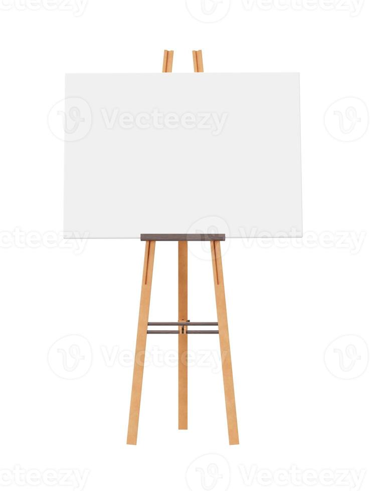 Empty horizontal canvas on wooden easel, isolated on white background. Free, copy space for your picture. Artwork presentation. Canvas mock up. Cut out object. 3D rendering. photo
