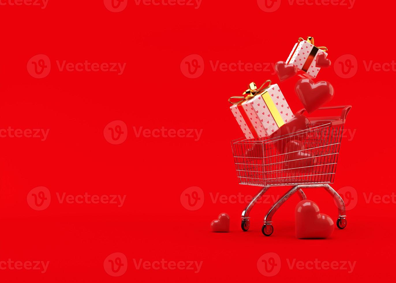 Shopping cart, trolley with gift boxes and hearts on red background with free space for text, copy space. Valentine's Day, sale. 3D illustration. photo