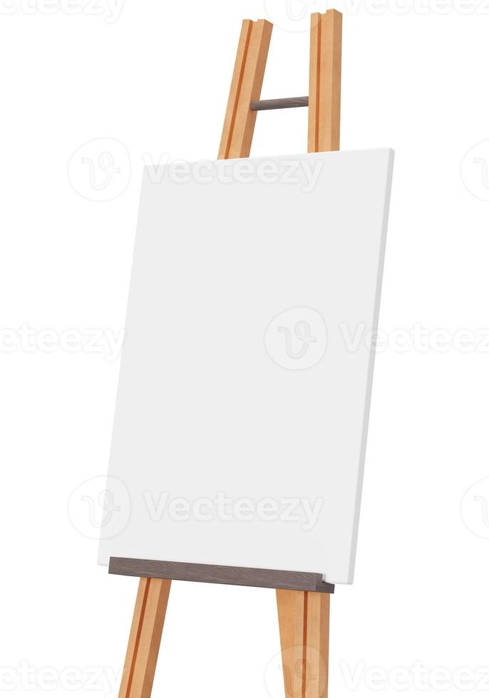 Empty vertical canvas on wooden easel, isolated on white background. Free, copy space for your picture. Artwork presentation. Canvas mock up. Cut out object. 3D rendering. photo