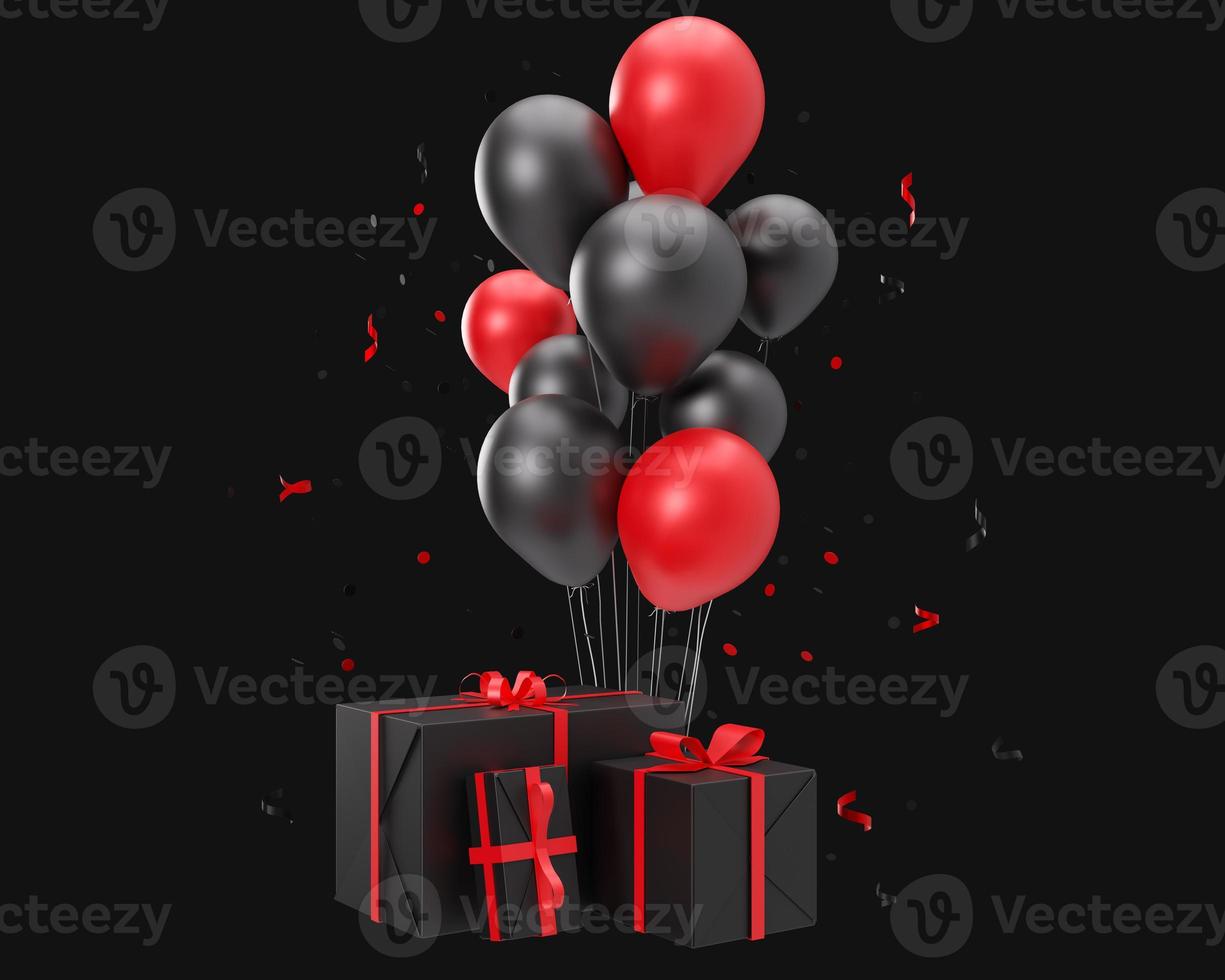 Red and black balloons and presents isolated on black background. Black friday, birthday, celebration, element for event card. Cut out. Modern design. 3d rendering. photo