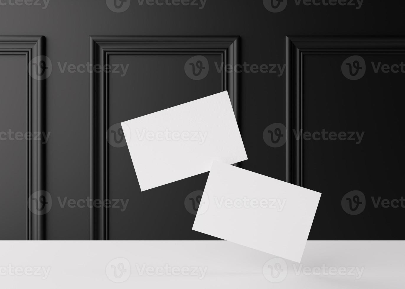 Blank white business cards with classic wall moldings in the background. Mockup for branding identity. Two cards to show both sides. Template for graphic designer. Free space, copy space. 3D rendering photo