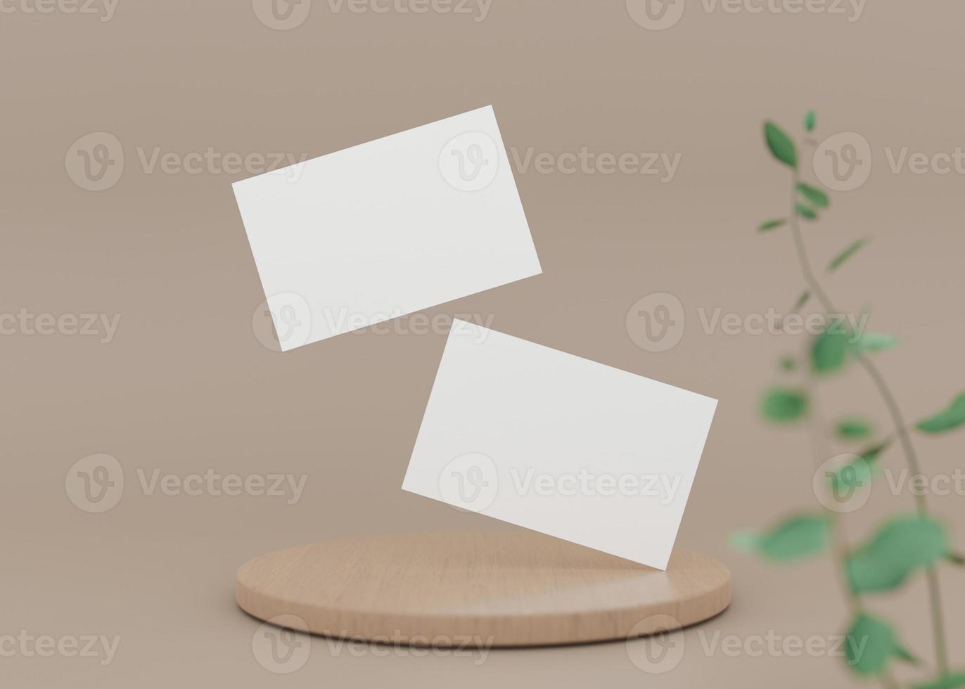 Blank white business cards with small sprig on brown background. Natural mockup for branding identity. Two cards to show both sides. Template for graphic designer. Free space. 3D rendering. photo