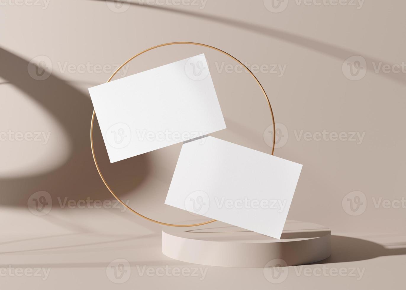 Blank white business cards with golden ring on the cream background. Mockup for branding identity. Two cards to show both sides. Template for graphic designer. Free space, copy space. 3D rendering. photo