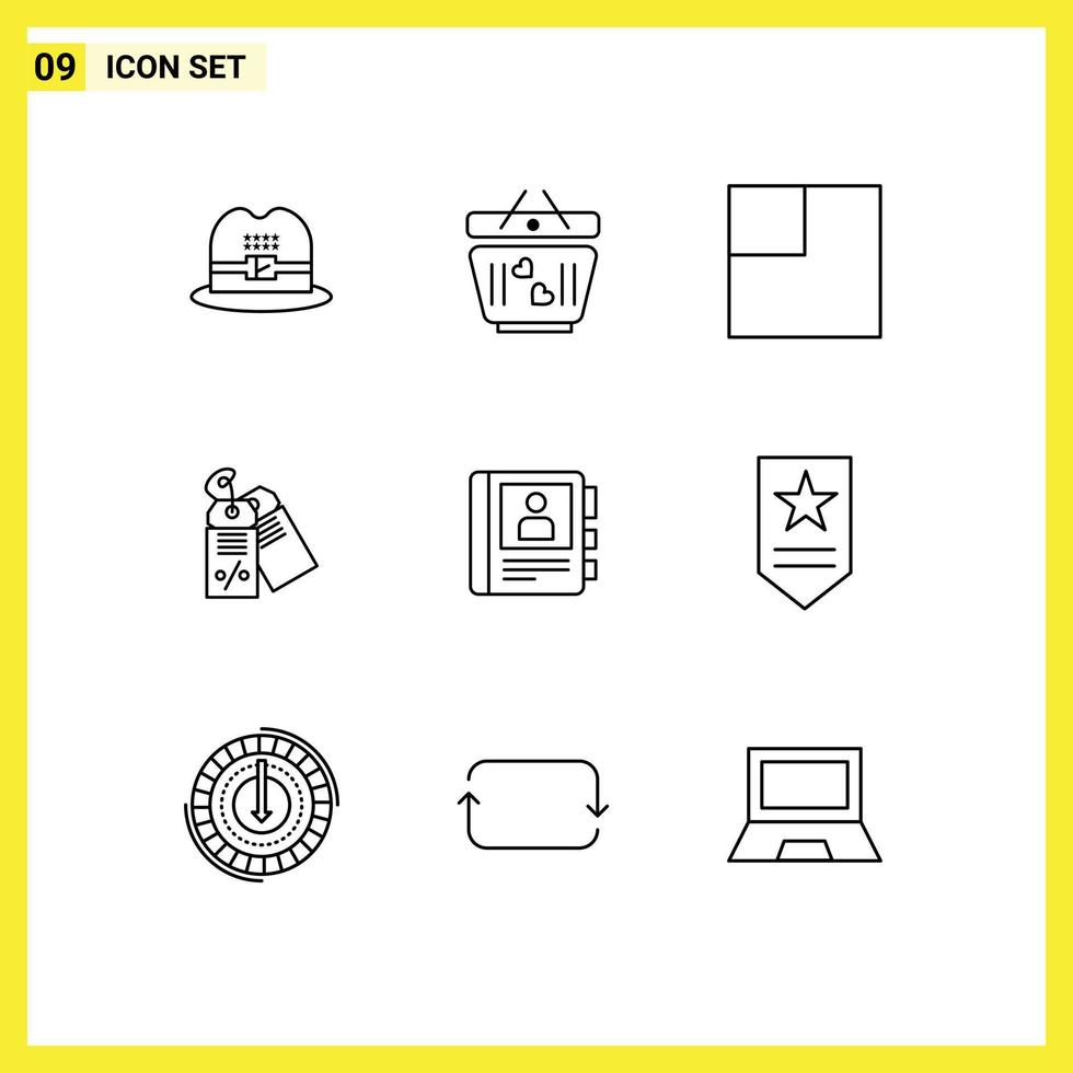Group of 9 Outlines Signs and Symbols for insignia diary scale book sale Editable Vector Design Elements