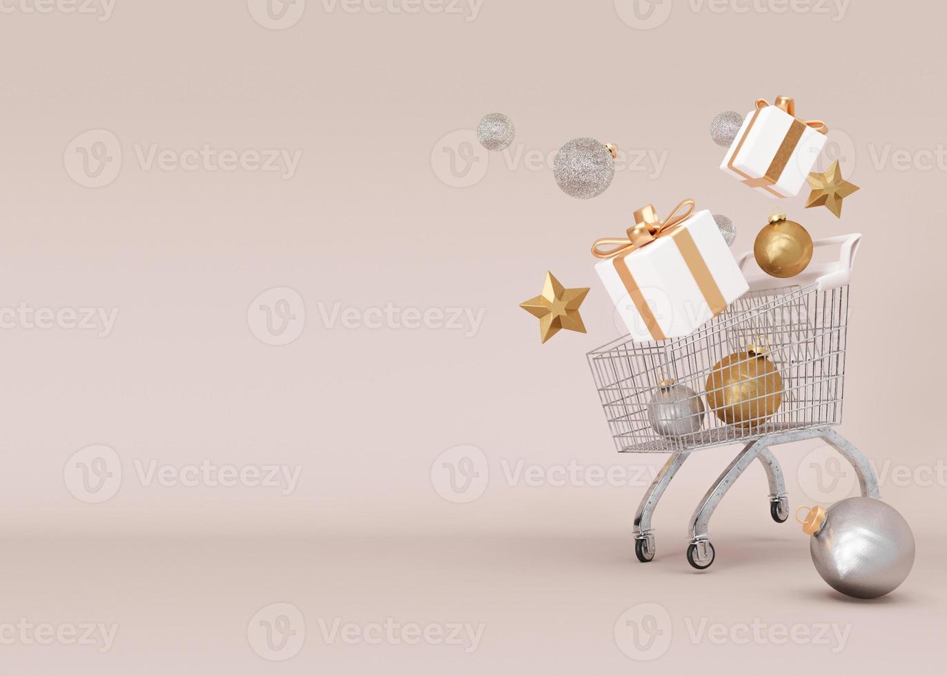 Shopping cart, trolley with gift boxes and Christmas decoration on beige background. Free space for text. Christmas shopping, Xmas sale, New year. Banner, template, mock up with copy space. 3D render. photo