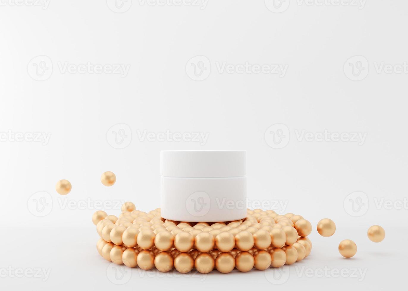 White and blank, unbranded cosmetic cream jar standing on podium with small golden balls. Skin care product presentation on white background. Luxury mockup. Skincare, beauty and spa. 3D rendering. photo