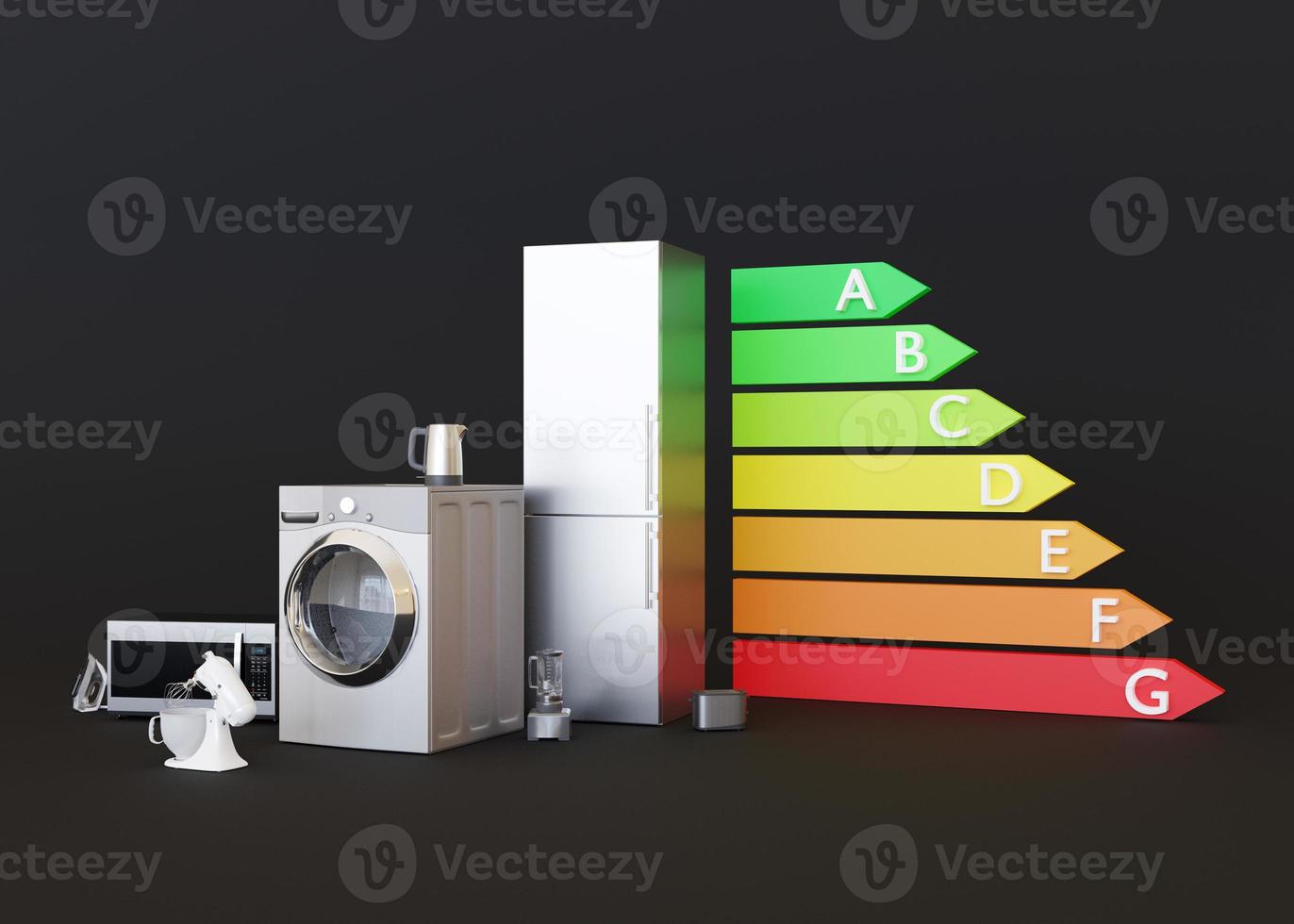 Different household appliances and energy efficiency rating chart on black background. Electronic household devices. House equipment. Save energy. 3d rendering. photo