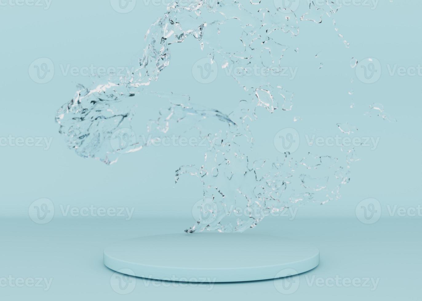 Round podium with water splash on light blue background. Mock up for product, cosmetic presentation. Pedestal or platform for beauty products. Empty scene. Freshness, purity. 3D rendering. photo