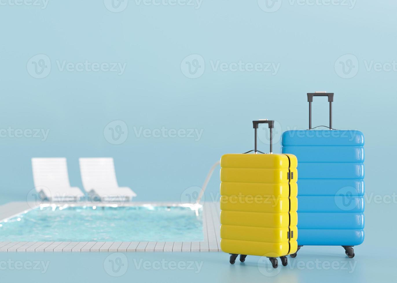 Suitcases and swimming pool on blue background. Holidays, tourism, travel. Tourists, great vacation. Relax time. Couple. Copy space for your text or logo. 3d rendering. photo