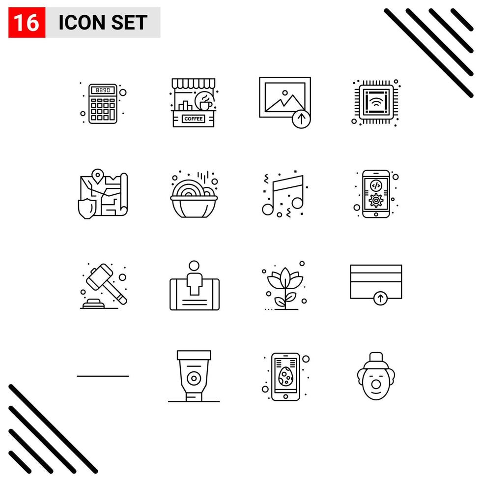 Pack of 16 Modern Outlines Signs and Symbols for Web Print Media such as map smart shop future chip Editable Vector Design Elements