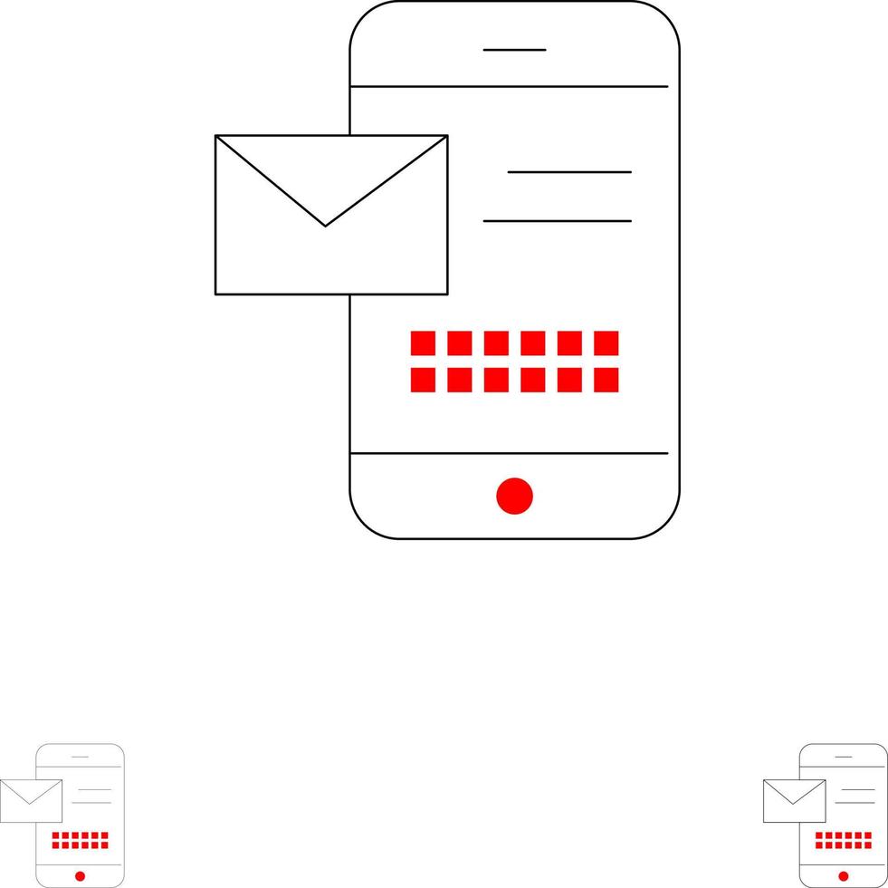 mensaje móvil sms chat recibiendo sms en negrita y delgada línea negra conjunto de iconos vector