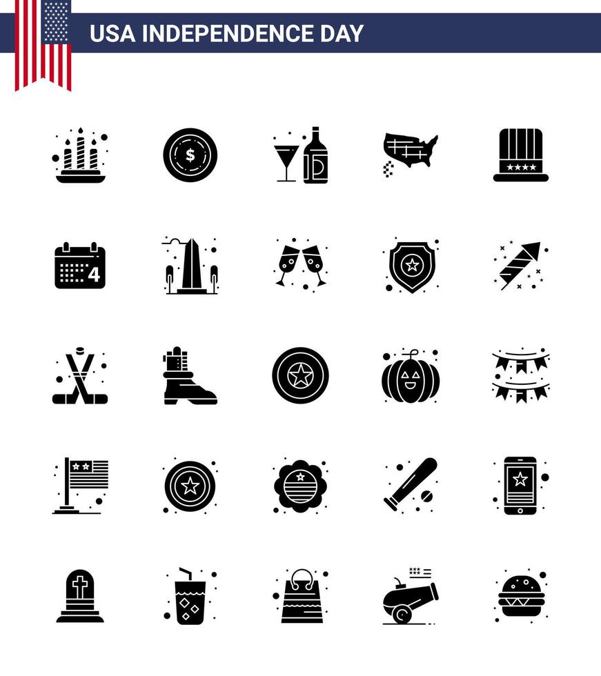 25 USA Solid Glyph Signs Independence Day Celebration Symbols of american hat american usa states Editable USA Day Vector Design Elements