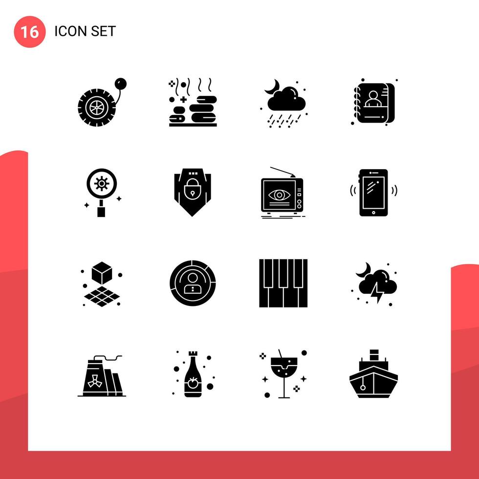 Modern Set of 16 Solid Glyphs and symbols such as gear search rain id employee Editable Vector Design Elements
