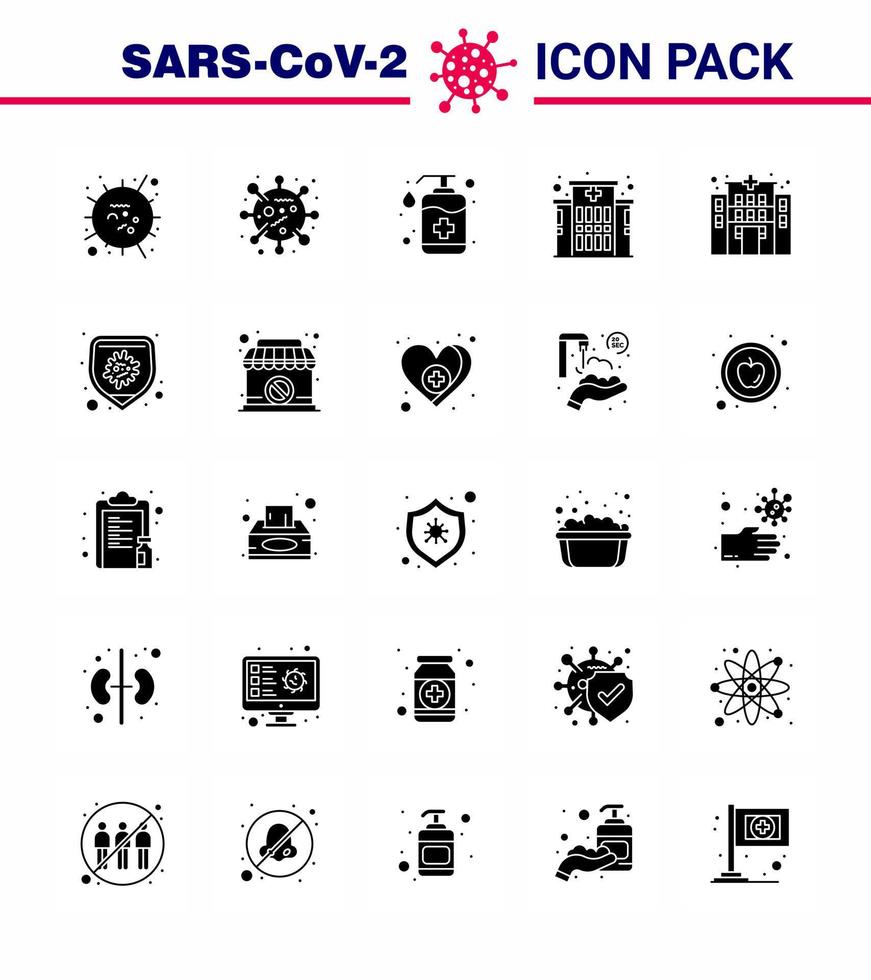 Corona virus 2019 and 2020 epidemic 25 Solid Glyph icon pack such as protection clinic corona virus building soap viral coronavirus 2019nov disease Vector Design Elements